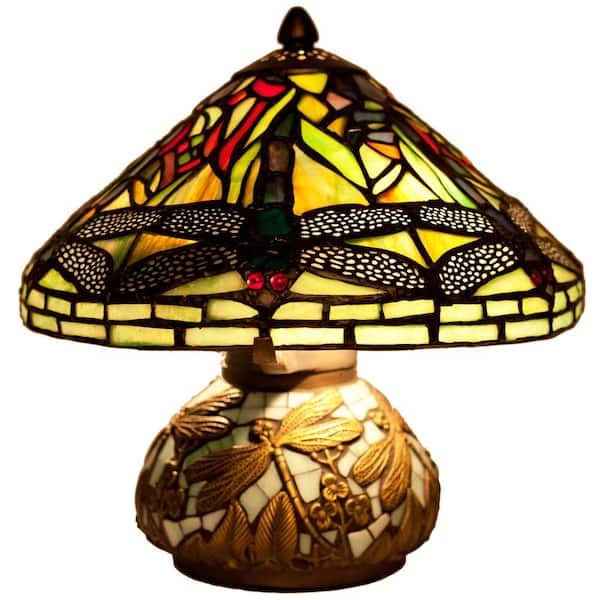 River of Goods 10 in. Green Table Lamp with Stained Glass Shade and Mosaic Base