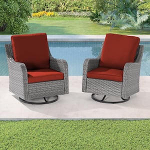 2-Piece Patio Sofa Set Gray Wicker Furniture Set Swivel Rocking Sofa Outdoor Rocking Chair with Rust Red Cushion