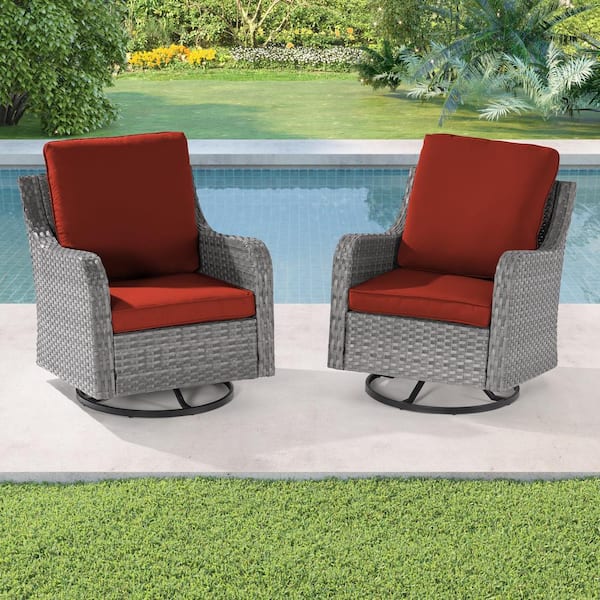 Sonkuki 2-Piece Patio Sofa Set Gray Wicker Furniture Set Swivel Rocking Sofa Outdoor Rocking Chair with Rust Red Cushion