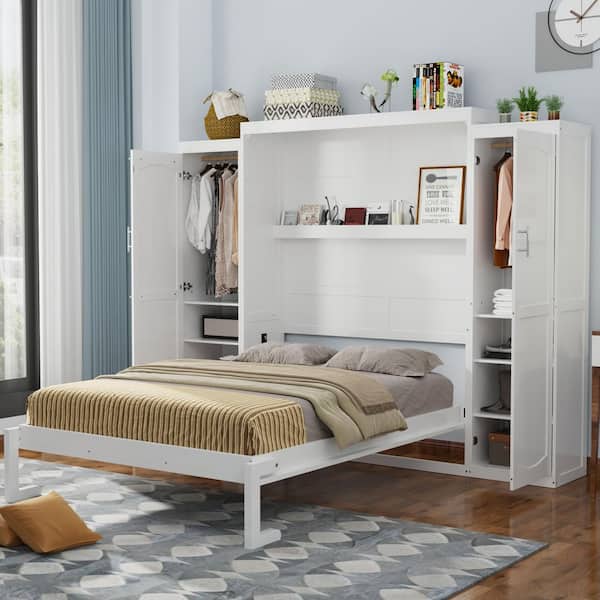 Leander Multifunctional White 110.39 in. Wood Frame Queen Size Murphy Bed Cabinet with 2 Wardrobes, Storage Shelf