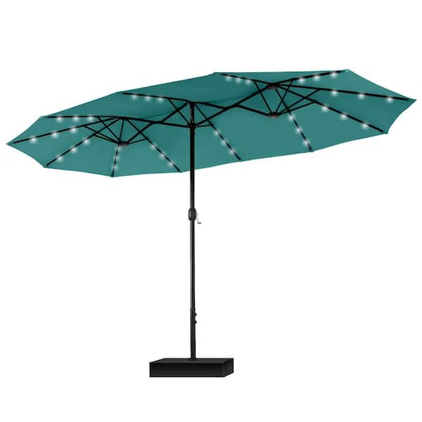 15 ft. Market Patio Umbrella with Lights Base and Sandbags in Turquoise Green