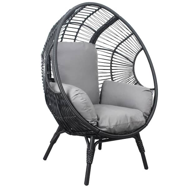 Sudzendf Black Wicker Outdoor Chaise Lounge, Egg Chair with Gray Cushions