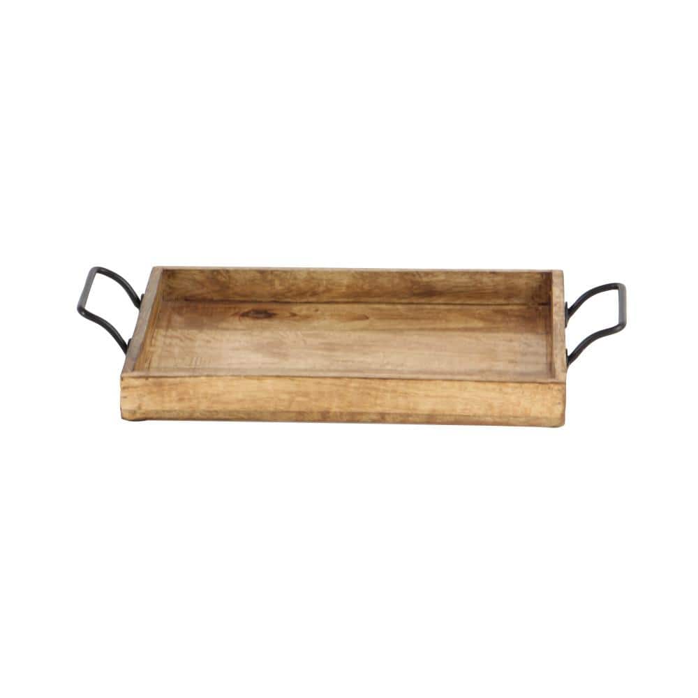 Rustic Brown Mango Wood Rectangular Tray Set with Slot Handles