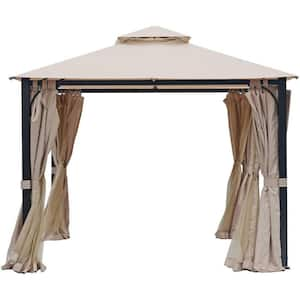 10 ft. x 10 ft. Outdoor Beige Galvanized Steel Soft-top Gazebo with Polyester Double Roof with Curtains and Netting