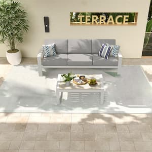 2 Pieces Aluminum Patio Conversation Deep Seating Set with White Cushions