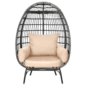 Gray Wicker Stationary Oversized Egg Chair Lounge Chair with Stand and Beige Cushion