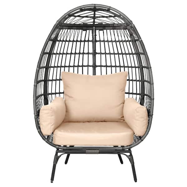 UPHA Gray Wicker Stationary Oversized Egg Chair Lounge Chair with Stand and Beige Cushion