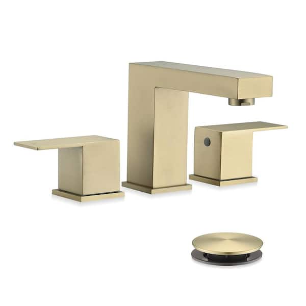 8 in. Widespread 2-Handles Aerator Spout Bathroom Faucet with Pop-Up Drain Assembly in Brushed Gold
