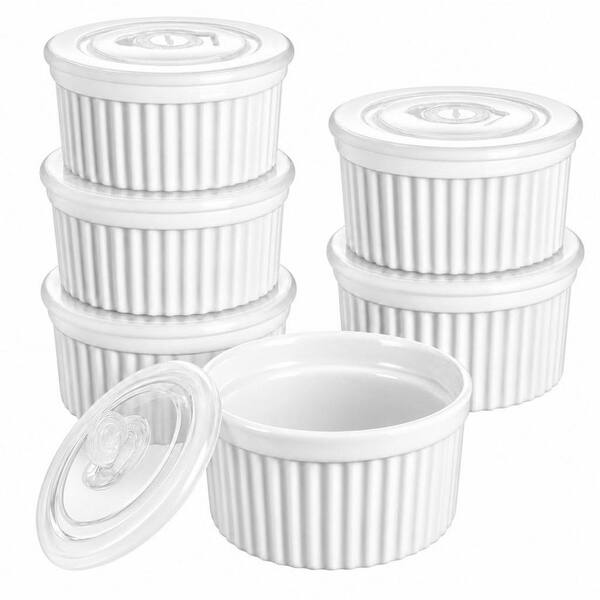 6-Piece 8 oz. White Porcelain Creme Brulee Souffle Dishes with Lid for Baking, Dishwasher and Oven Safe