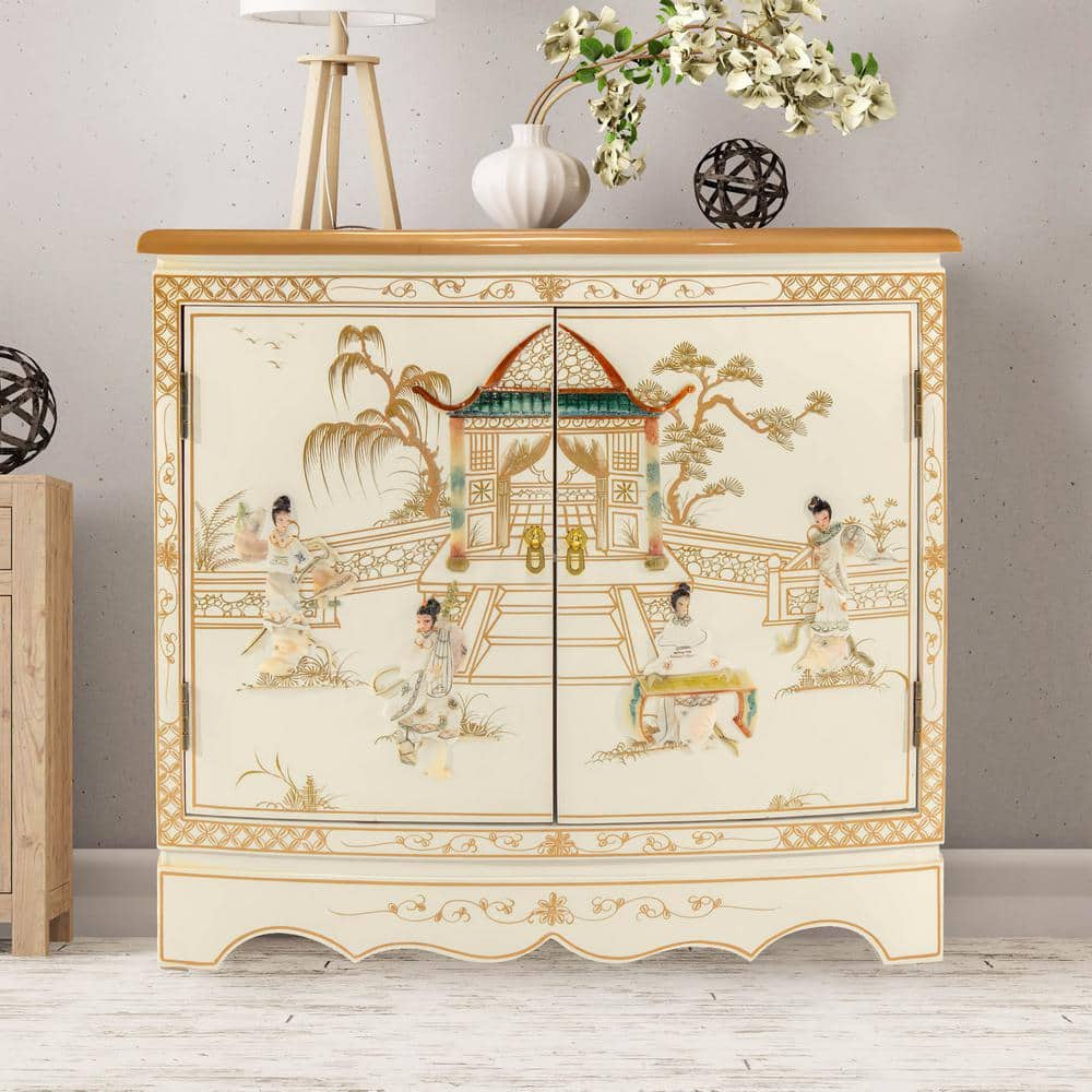 White Lacquer Hall Cabinet with Hand-Carved Mother-of-Pearl Ladies