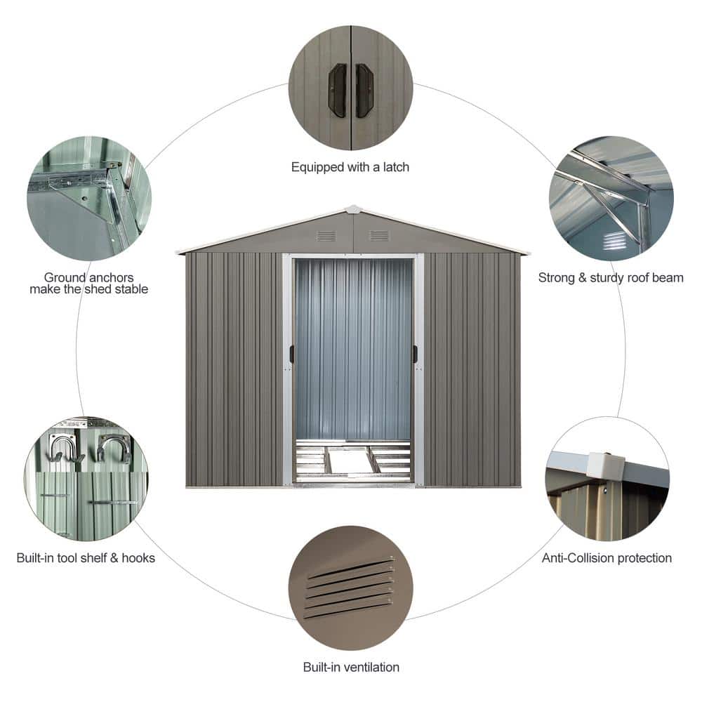 8' x 10' Gray Metal Outdoor Storage Shed with Lockable Door