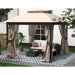 10 ft. x 10 ft. Double Roof Softtop Canopy Galvanized Steel Gazebo with Mosquito Net&Sunshade Curtains