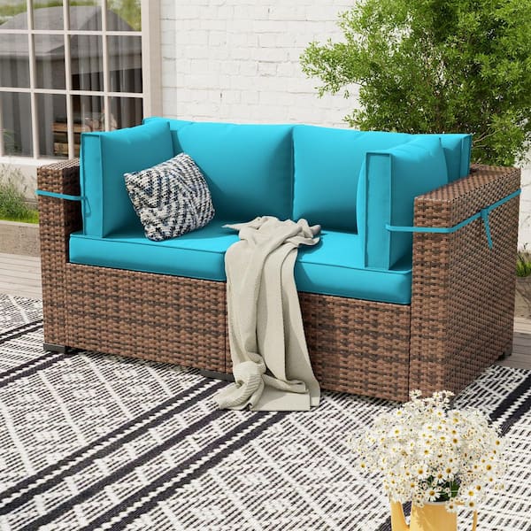 Brown Wicker Outdoor Loveseat with Sky Blue Cushions