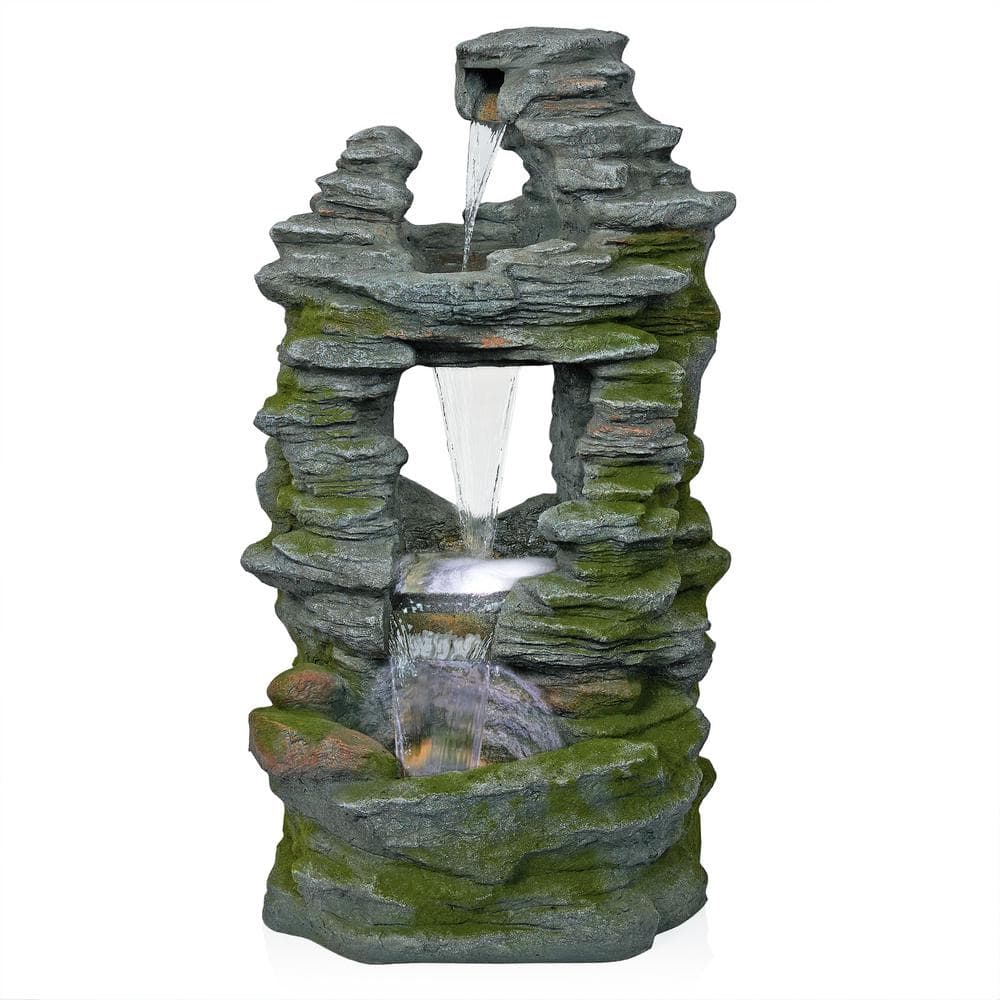 Alpine Corporation 39 in. Stacked Stone Rainforest Cascade Fountain with Cool White LED Lights