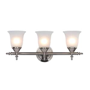 Olgelthorpe 22 in. 3-Light Brushed Nickel Bathroom Vanity Light Fixture with Bell Shaped Frosted Glass Shades