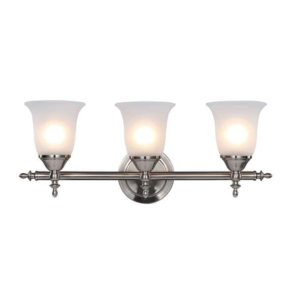 Hampton Bay Olgelthorpe 3-Light Brushed Nickel Bathroom Vanity Light Fixture, Dimmable LED Soft White Bulbs Included