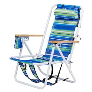 Portable Striped Blue Steel Folding Adjustable Headrest Beach Chair