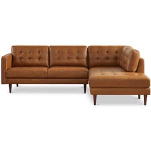 Larissa 102 in. W Square Arm 2-piece L-Shaped Modern Right Facing Top Leather Corner Sectional Sofa in Brown Cognac Tan