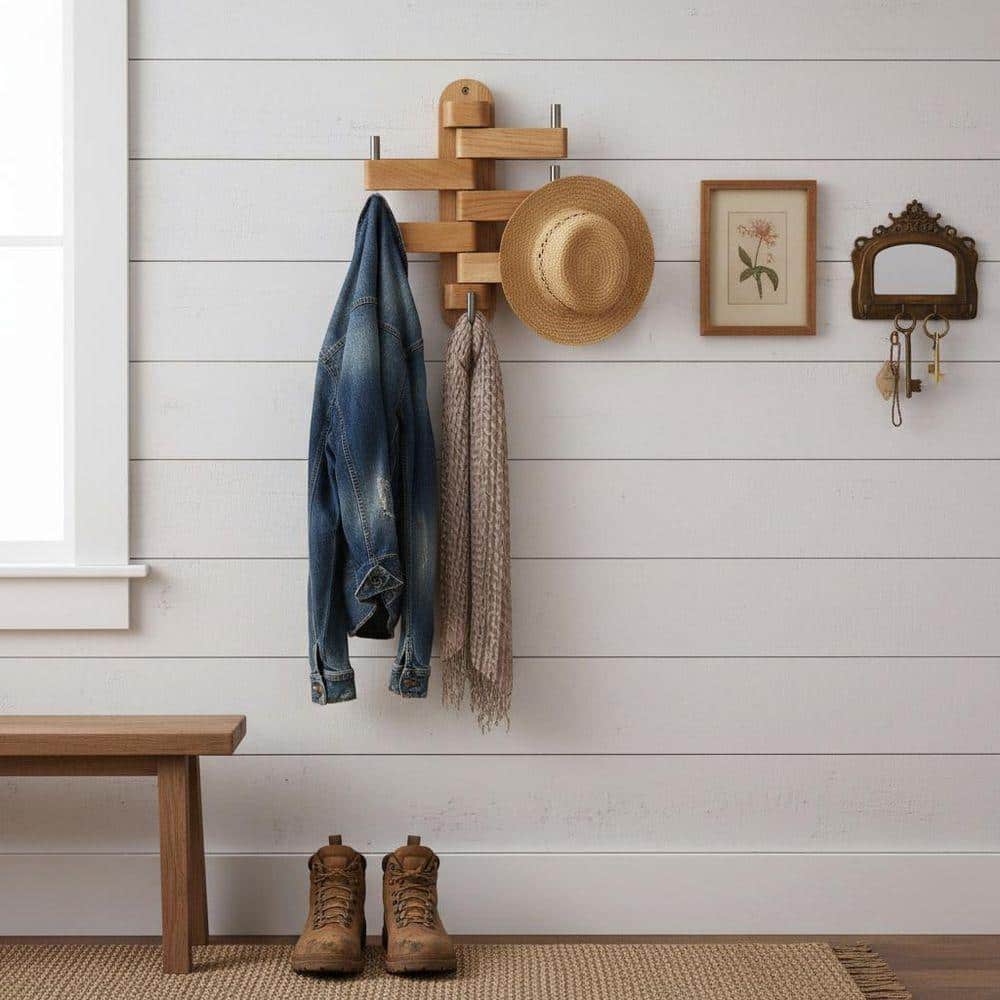 Brown Wood Coat Rack Wall Mounted with 5-Swivel Foldable Arms