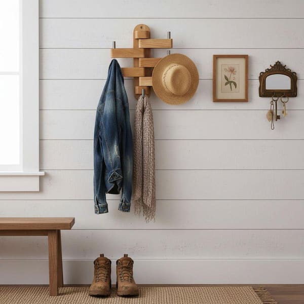 Oak/White Wall Coat Rack with Hidden Hooks TG-D6-03269 - The Home
