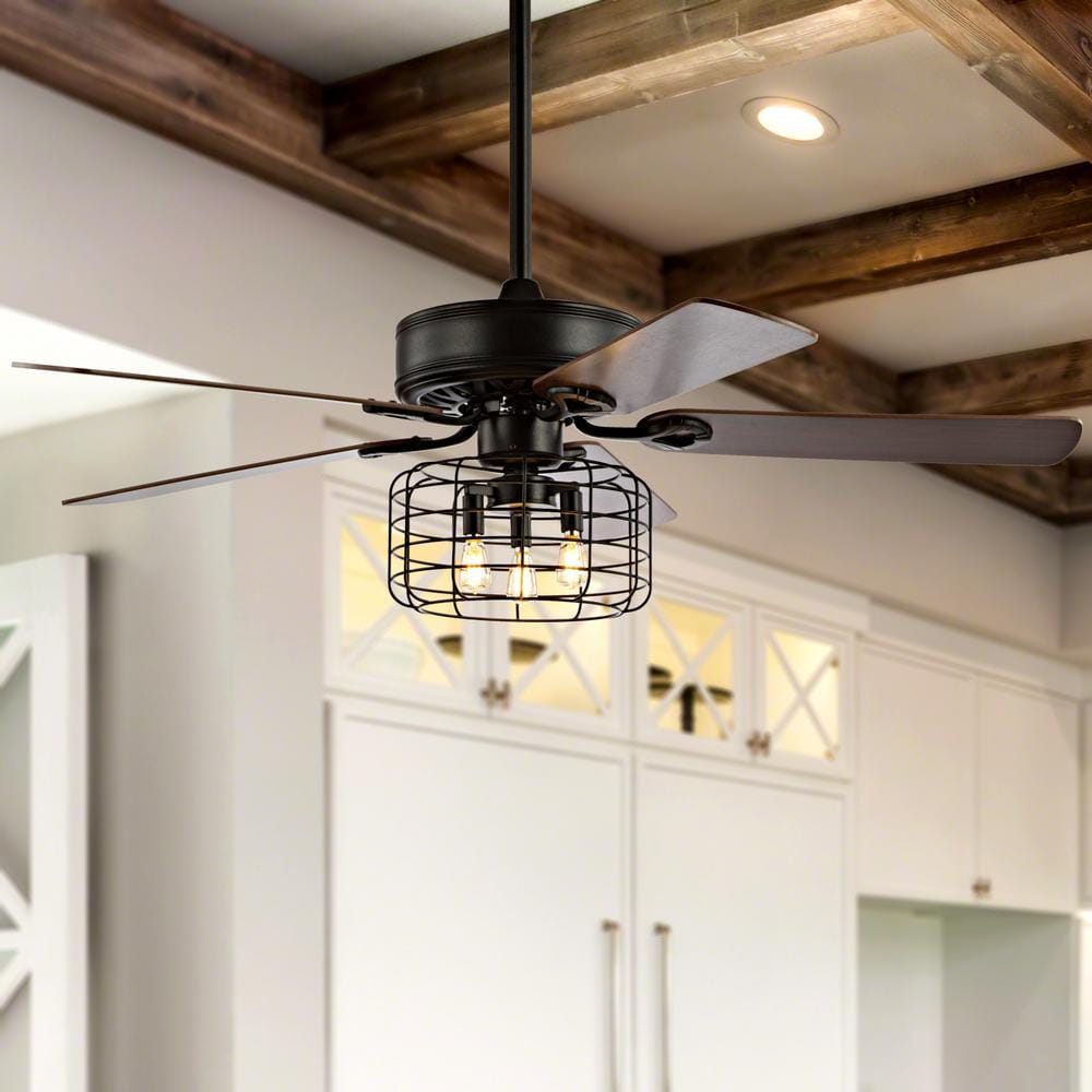 JONATHAN Y Asher Industrial Metal/Wood 52-in Forged Black with Walnut/Red walnut Blades Ceiling Fan With Light - Remote Included ( 5 -Blade )