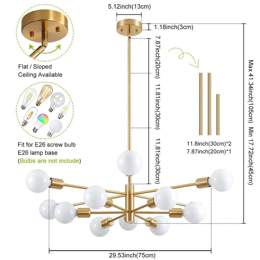 Gold 12-Light Sputnik Chandelier with Adjustable Rod