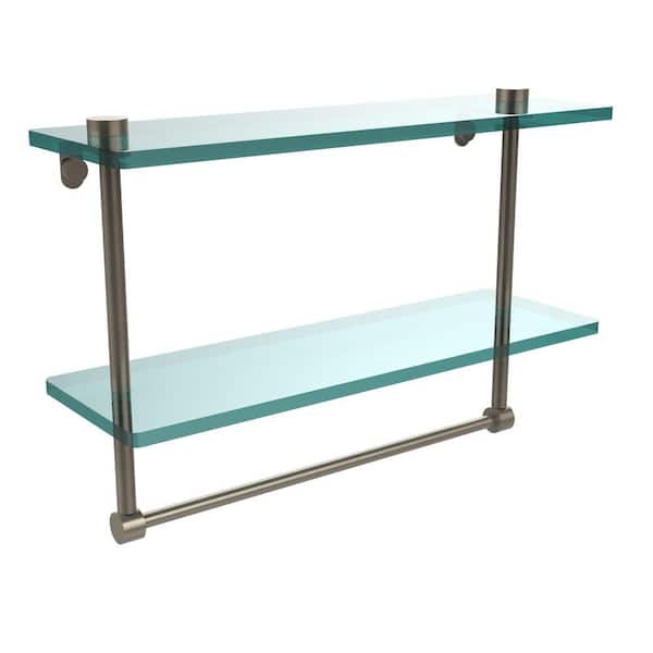 Allied Brass 16 in. L x 12 in. H x 5 in. W 2-Tier Clear Glass Vanity Bathroom Shelf with Towel Bar in Antique Pewter