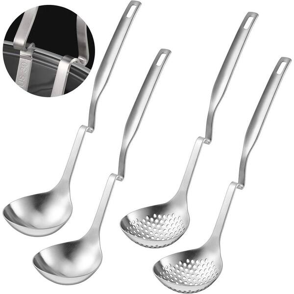 4-Piece Silver Stainless Steel Soup Ladle Set with Strainer Skimmer for Hot Pot Sauce Serving Cookware Utensil