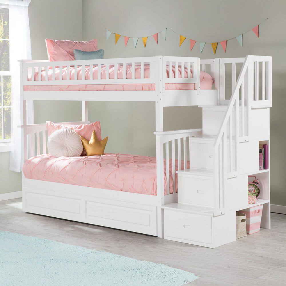 White Twin Over Twin Wood Bunk Bed with Trundle and Storage