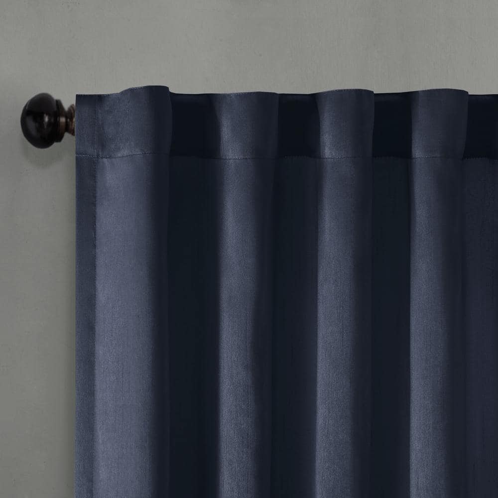 Navy Faux Silk Embroidered Branch Puddle Length Curtain Panel