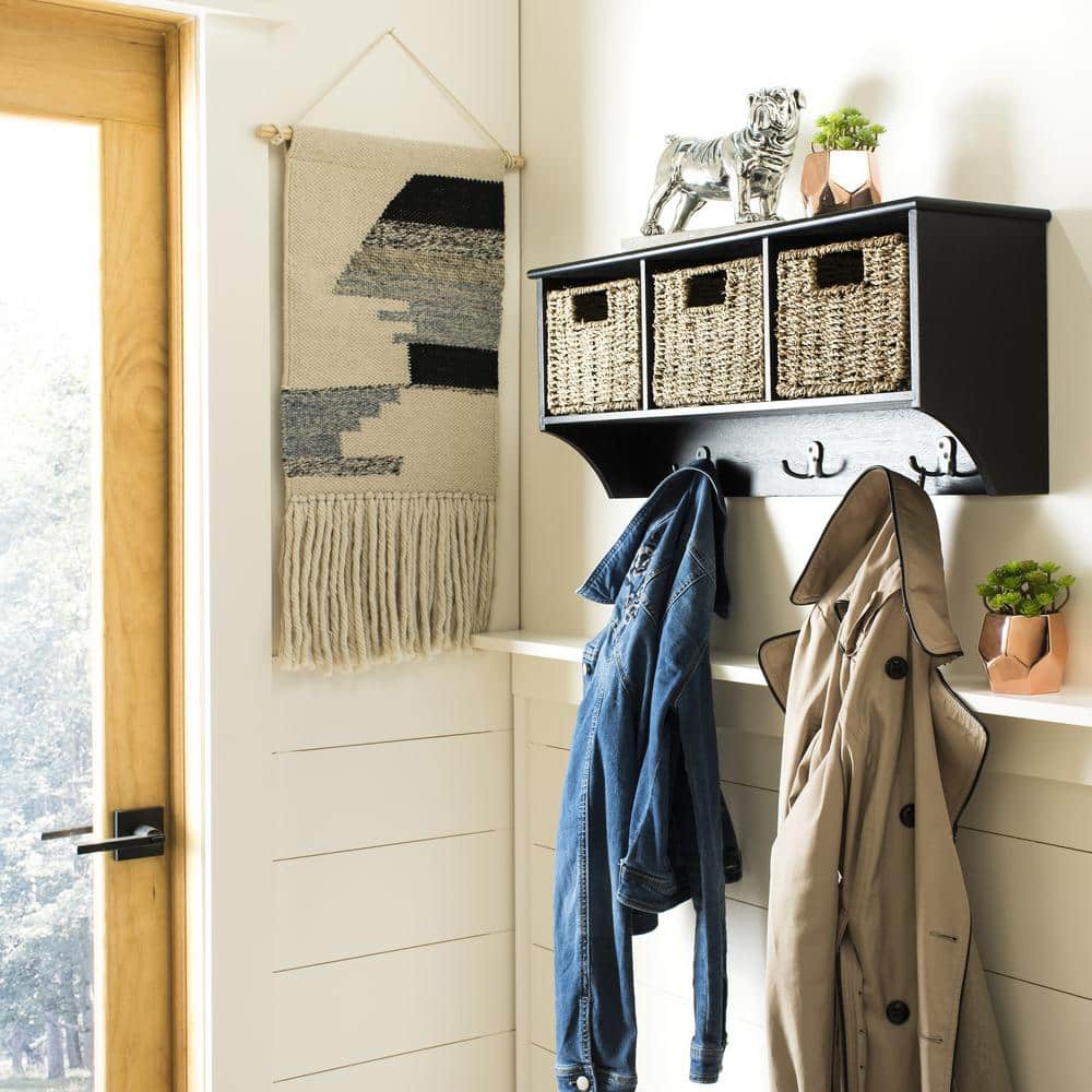 Black Pine Wall Hook Rack with 3 Wicker Baskets