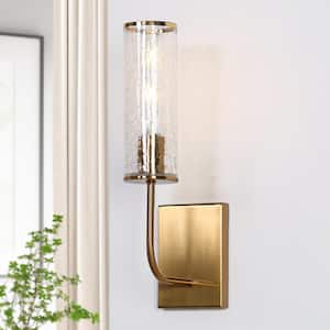 Modern 1-Light Brass Wall Sconce with Cylinder Cracked Glass Shade
