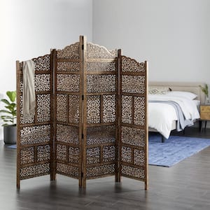 6 ft. Brown 4 Panel Floral Handmade Foldable Arched Partition Room Divider Screen with Intricately Carved Designs