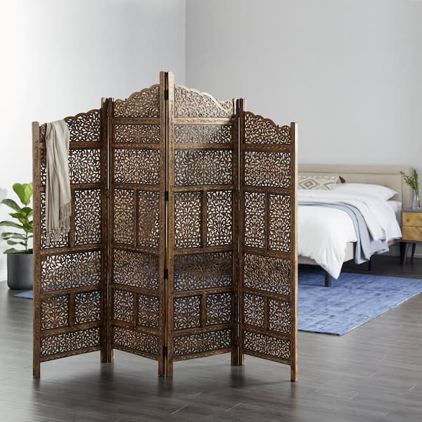 Litton Lane 6 ft. Brown 4 Panel Floral Handmade Foldable Arched Partition Room Divider Screen with Intricately Carved Designs