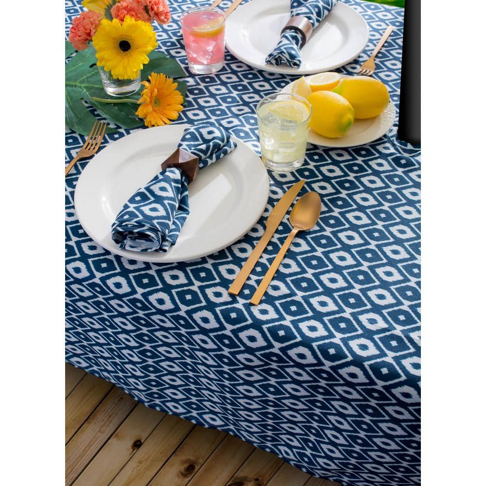 Blue and White Ikat Rectangular Waterproof Polyester Tablecloth