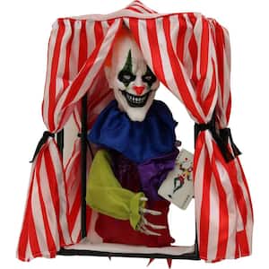 19 in. Battery Operated Hanging Animated Clown with Red LED Eyes Halloween Prop, Touch Activated, Speaks 5 Phrases