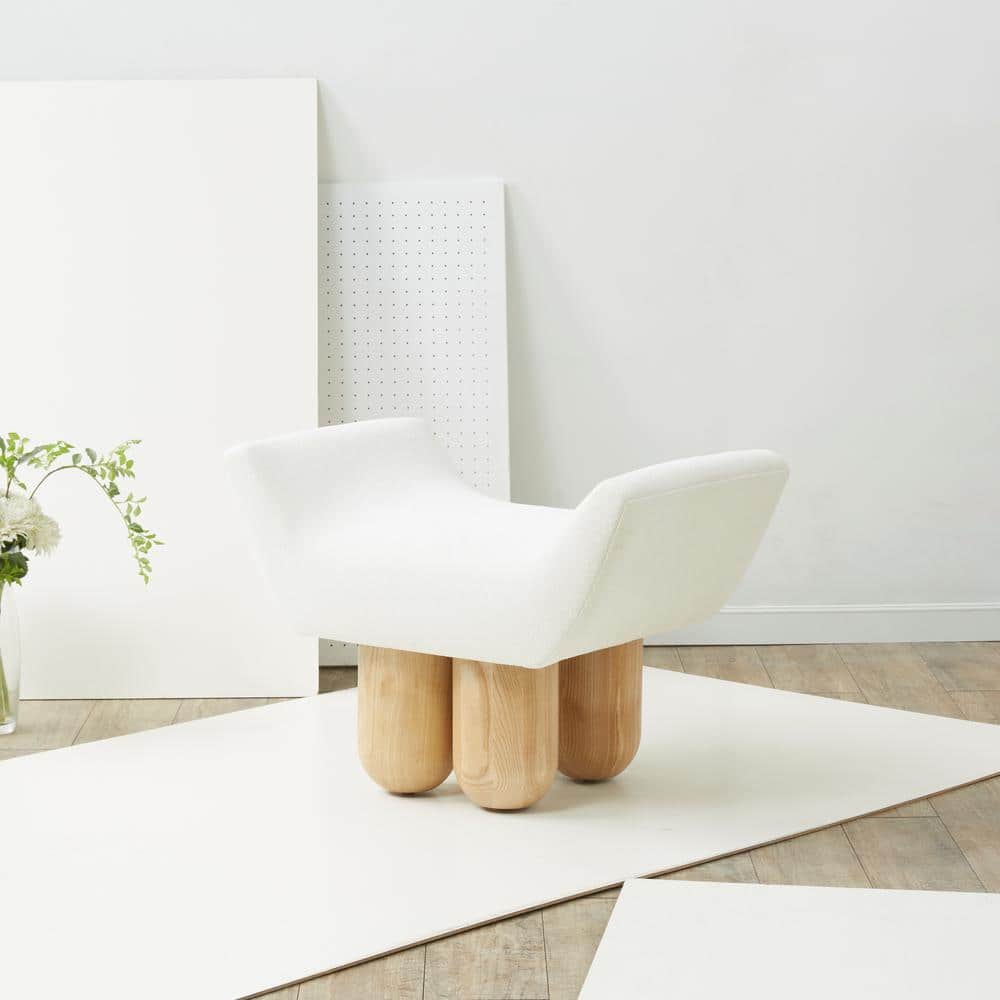 Ivory Boucle Upholstered Footstool with Sculpted Ashwood Legs