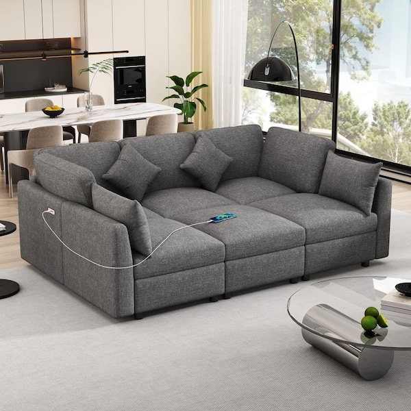 Leslie 85.4 in. Chenille Upholstered Modular Sectional Sofa in. Grey with Movable Ottoman, USB Ports