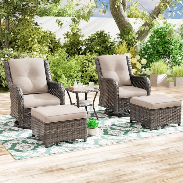 JOYSIDE 5-Piece Wicker Patio Outdoor Conversation Rocking Chair Set with Beige Cushions