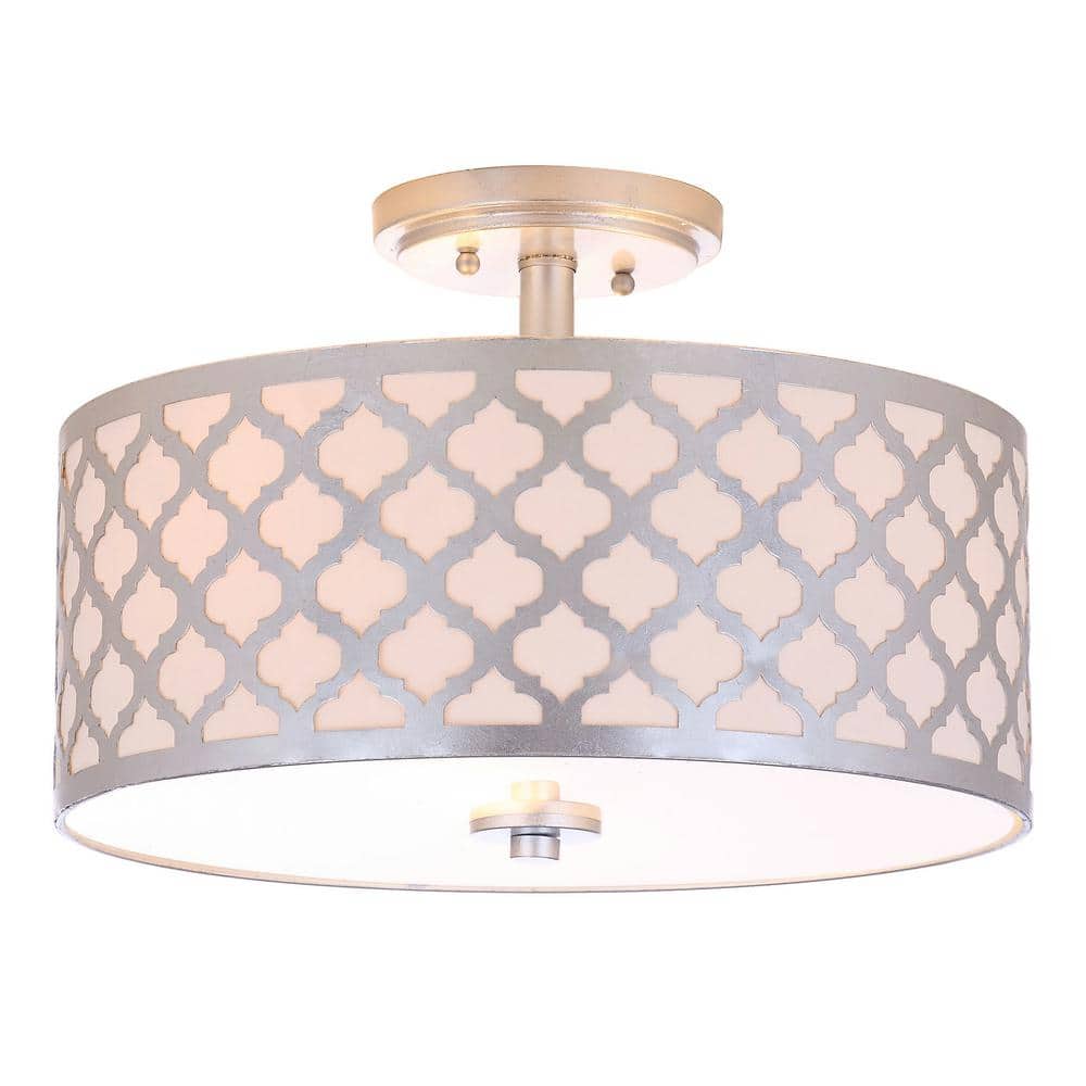 Silver Glass Drum Shade Semi Flush Mount Light