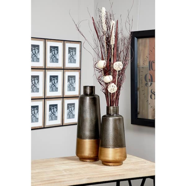 Litton Lane 20 in., 15 in. Dark Gray Metal Decorative Vase with Gold Base (Set of 2)