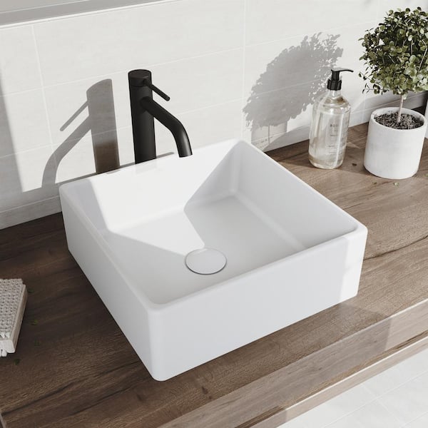 VIGO Matte Stone Dianthus Composite Square Vessel Bathroom Sink in White with Faucet and Pop-Up Drain in Matte Black