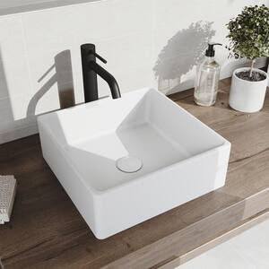 Matte Stone Dianthus Composite Square Vessel Bathroom Sink in White with Faucet and Pop-Up Drain in Matte Black