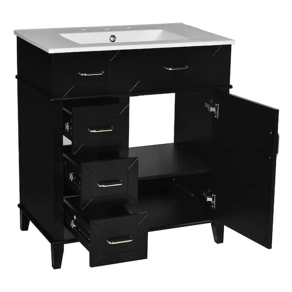 30 in. Single Sink Classic Black Cabinet Bath Vanity with White Ceramic Top, Soft Close Door and Drawers