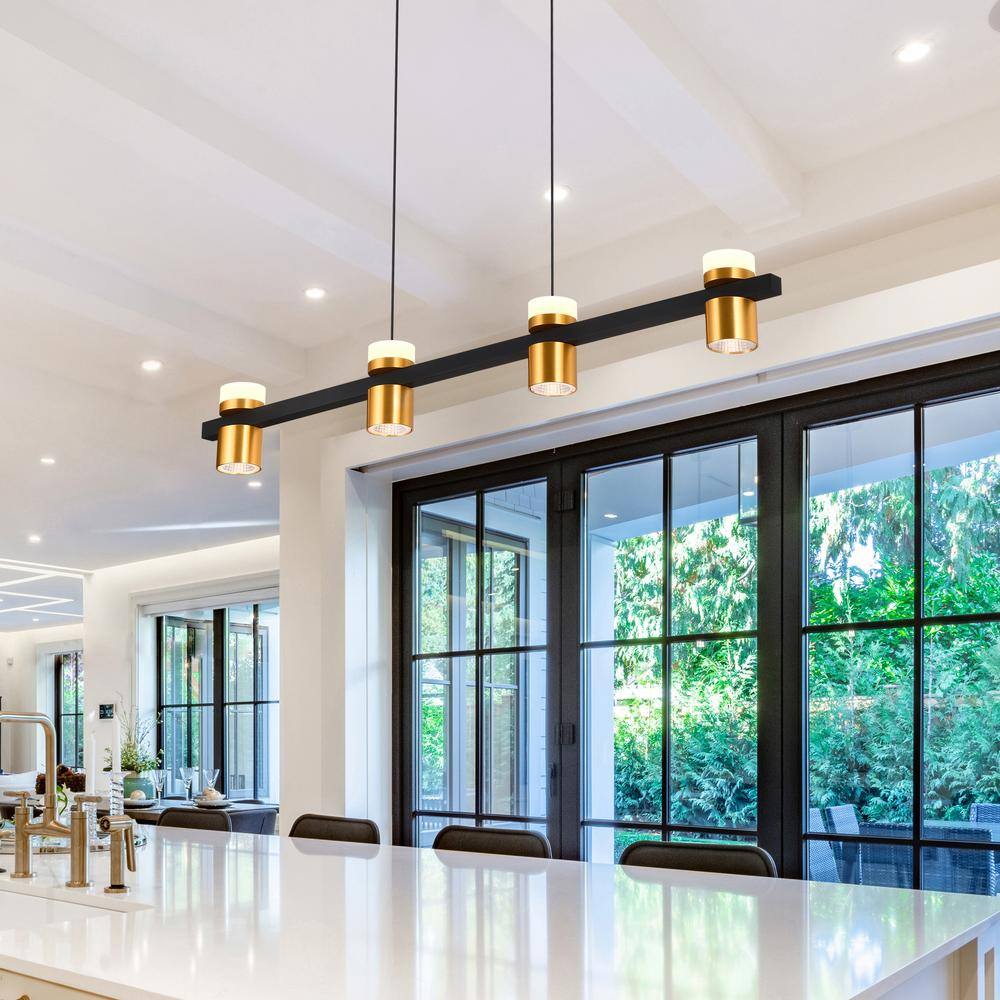 Ferro 34" Black Crystal LED Linear Chandelier with Gold Spotlights