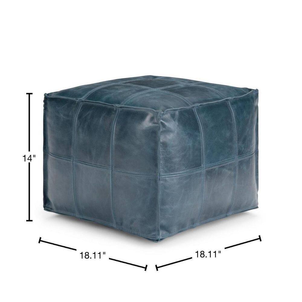 Teal Genuine Leather Square Pouf with Engineered Wood Frame