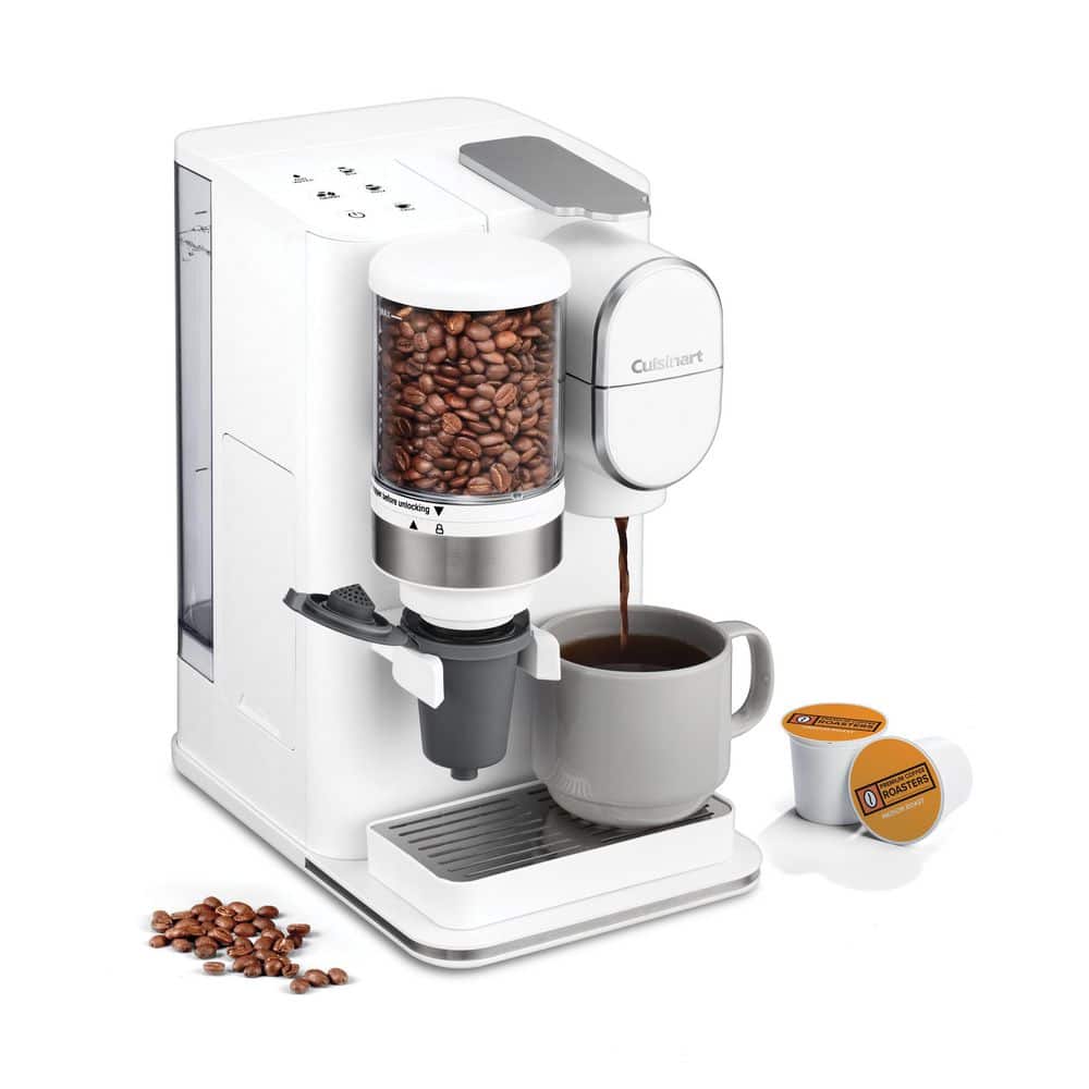 White Single-Serve Coffee Maker with Conical Burr Grinder