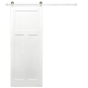 32 in. x 80 in. Shaker 3-Panel Primed Pine Interior Sliding Barn Door with Satin Nickel Hardware Kit