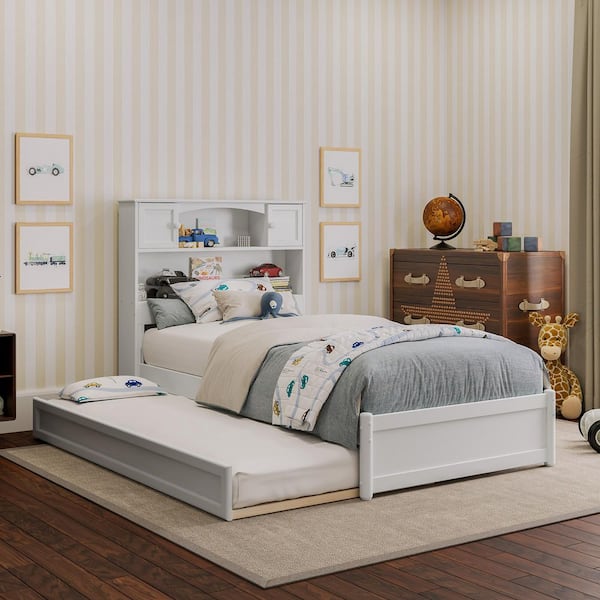 AFI Hadley White Solid Wood Frame Twin Platform Bed with Panel Footboard and Twin Trundle