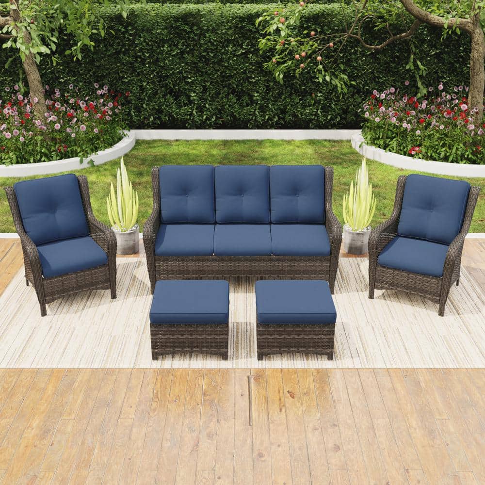 5-Piece Wicker Outdoor Patio Seating Set Sectional Sofa with Blue Cushions price history on PriceWatchPro